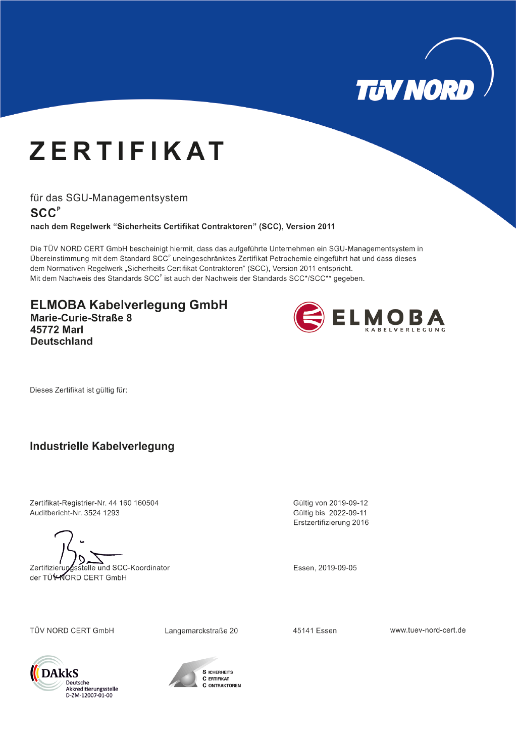 Zertifikat - Elmoba Kabelverlegung GmbH in Marl und Chur
